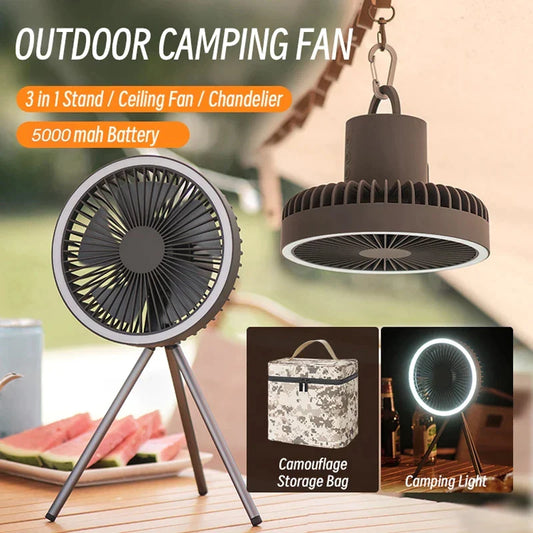 3 in1 Camping Fan Rechargeable Desktop Portable Circulator Wireless Ceiling Electric Fan with Power Bank LED Lighting Tripod